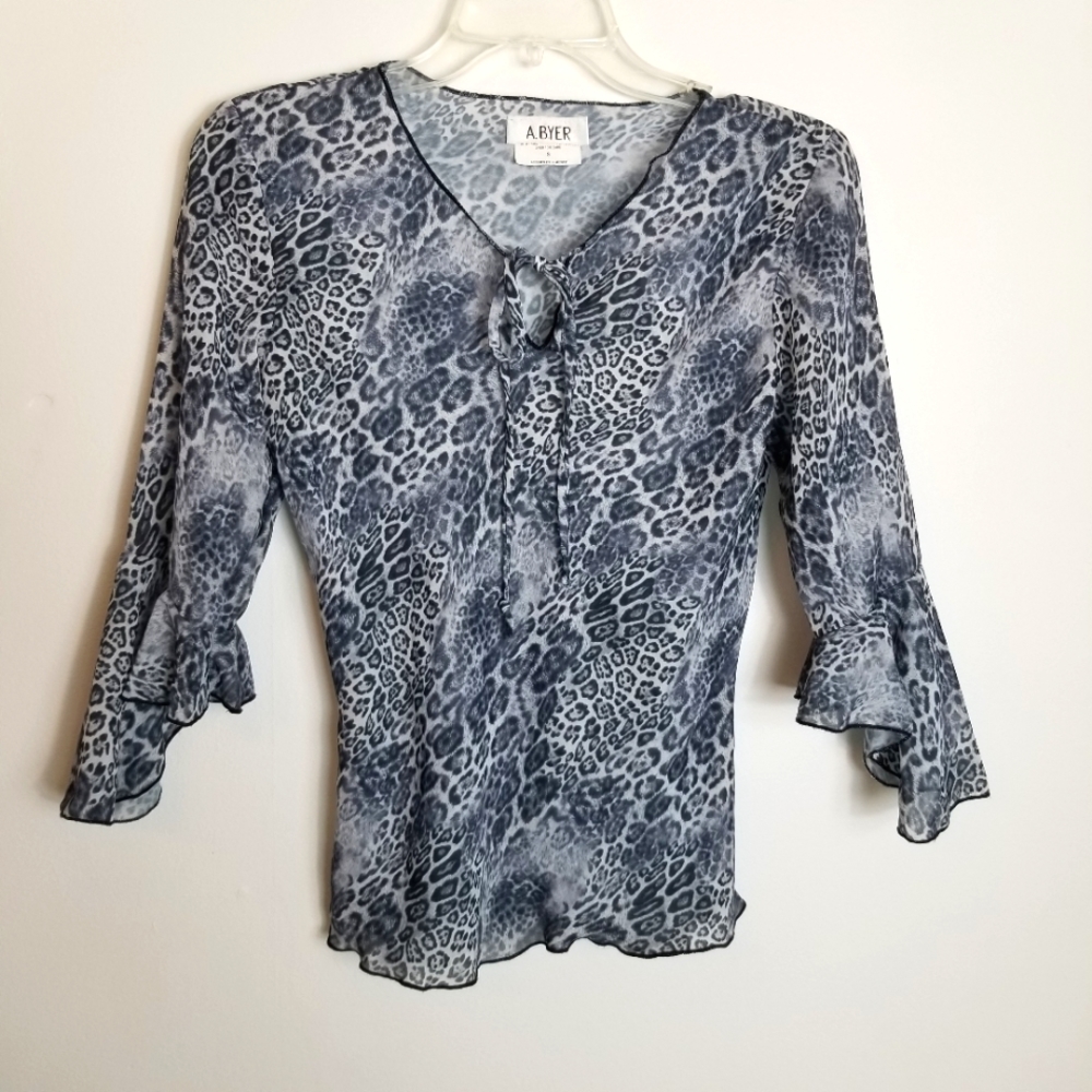A. Byer Leopard Print Semi Sheer Trumpet Sleeve Keyhole Tie Top